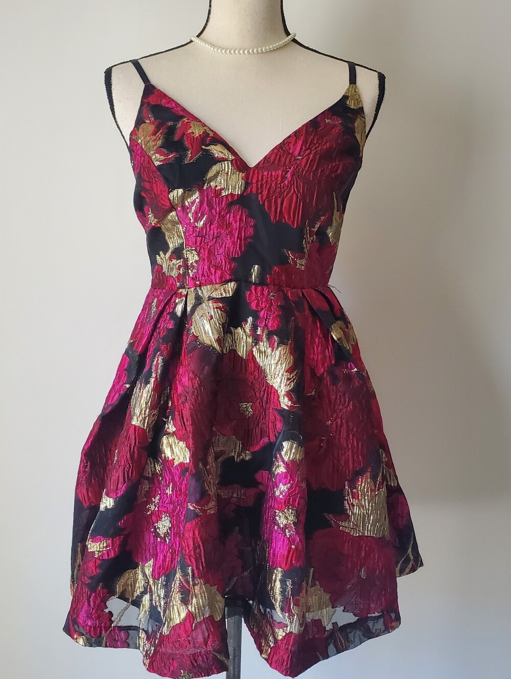 A. Peach Black, Fuchsia, Red and Metallic Gold Floral Mini Cocktail Dress Size S